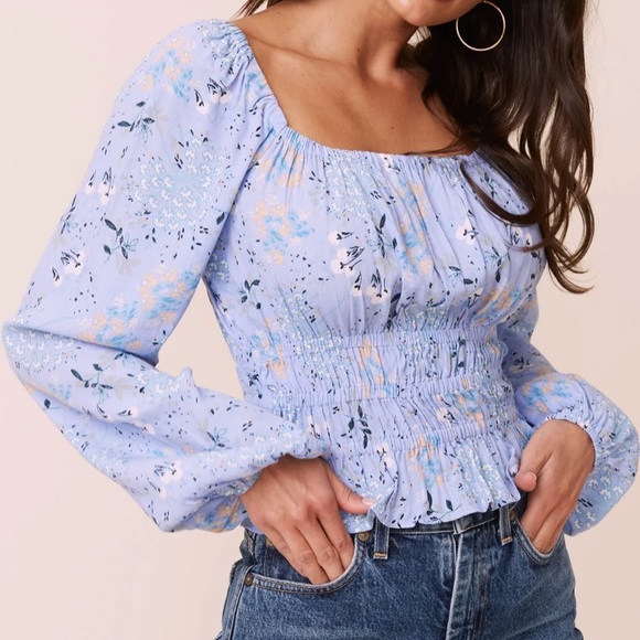 ASTR The Label Square Neck Long Sleeve Floral Smocked Top M - Picture 1 of 6
